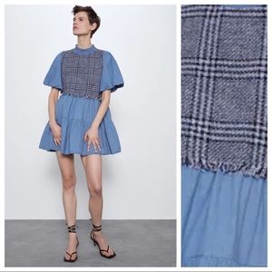 NWT. Zara Blue Denim/Twill Mini Dress. Size S.